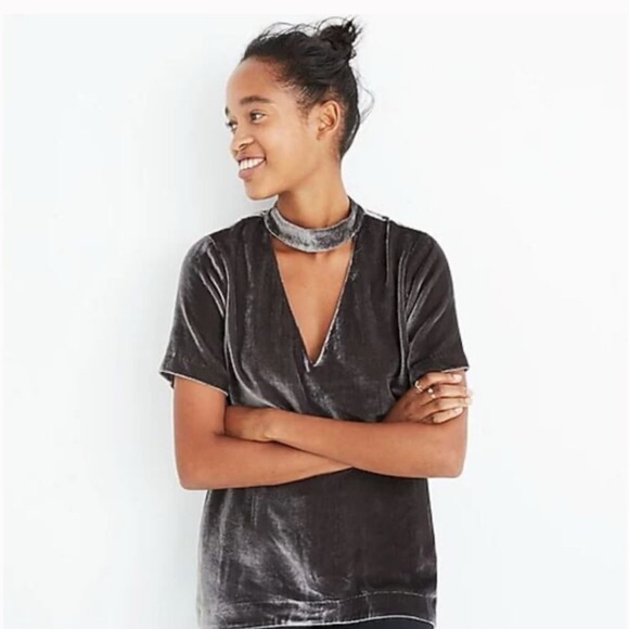 Madewell Tops - Madewell Choker Velvet Tee XS in Gray/green